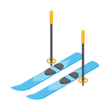 Blue Skis And Ski Poles Icon, Isometric 3d Style