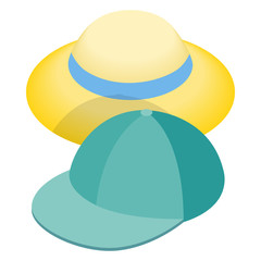 Blue baseball cap and straw hat icon