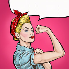 Pop art background. We Can Do It. Iconic woman's fist/symbol of female power and industry. Advertising.Pop art girl. Protest, meeting, feminism, woman rights, woman protest, girl power. yes we can - 106395283