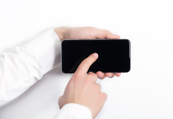 Man using smart phone. Phone with empty screen for your application