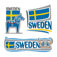 Vector illustration of the logo for Sweden, consisting of 3 isolated illustrations: state flag over blue Dalarna horse, symbol of Sweden and the flag on background of viking helmet