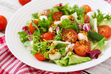 Dietary salad with tomatoes, mozzarella lettuce with honey-mustard dressing