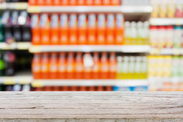 soft drink bottles on shelves in supermarket blur background