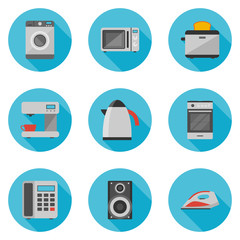 set of household appliances flat icons on round web buttons with long shadow