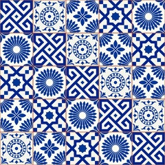 Image of Stylish seamless pattern patchwork mix of five Moroccan tiles in trendy shades of blue. printed on Printed Glass Splashbacks