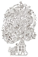 "Home sweet home" monochrome ornament for adult coloring book.