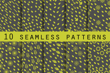 10 seamless patterns with drops. The pattern for wallpaper, tiles, fabrics and designs. Vector.