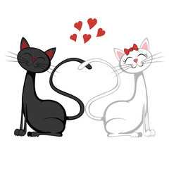 Cute cats - A black tomcat and a white pussycat is sitting and smiling in love