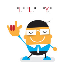 Vector cute cartoon young Businessman showing love hand sign with I, L, U, text. Flat design
