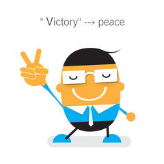 Vector cute cartoon young Businessman showing two fingers up, hand gesture, V sign in meaning victory or peace. Flat design