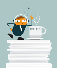 Illustration vector of cute cartoon businessman relaxing on document paper in office. And standing with hot coffee, listening music from headphone at coffee time.Take a break at work