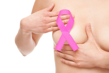 Woman with breast cancer awareness ribbon