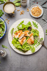 Chicken salad with green mix salad leaves served in plate on gray stone table, top view. Healthy food and diet eating concept