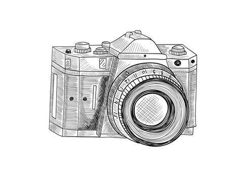 Retro camera. Sketch illustration on white isolated background