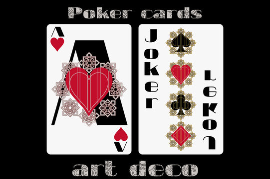 Poker playing card. Ace heart. Joker. Poker cards in the art deco style. Standard size card.