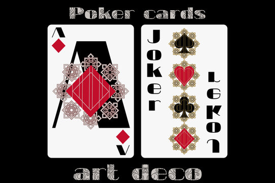 Poker playing card. Ace diamond. Joker. Poker cards in the art deco style. Standard size card.