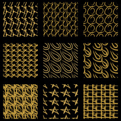 Square seamless patterns set. Seamless hand-drawn patterns. Gold and black color. Vector set of seamless patterns.