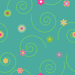 Seamless pattern of multicolored flowers and curls