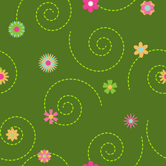 Seamless pattern of multicolored flowers and curls