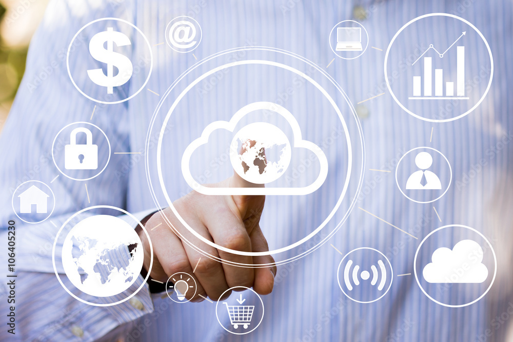 Aufkleber businessman touch button interface cloud map web