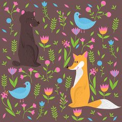 cute forest animals and flowers