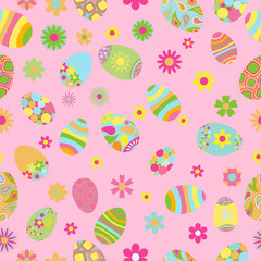 Seamless pattern of flowers and Easter eggs