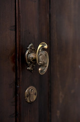 Old doorknobs, doorknockers and handles on ancient doors