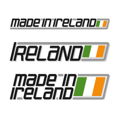 Vector illustration of the logo for "made in Ireland", consisting of three isolated illustrations with the irish flag and text on a white background