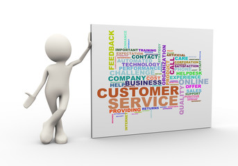 3d man standing with customer service wordcloud word tags