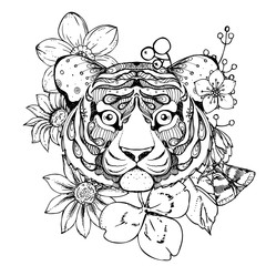 hand drawn ink doodle tiger and flowers on white background. Coloring page - zendala, design forr adults, poster, print, t-shirt, invitation, banners, flyers.
