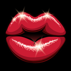Glowing female lips. Vector kiss print in pop art style