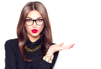 Beauty fashion sexy girl wearing glasses showing empty copyspace for text