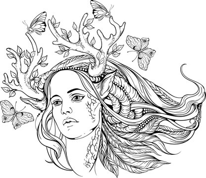 woman with animal horns and butterflies