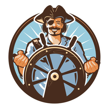 Pirate ship vector logo. Jolly Roger, journey or corsair icon
