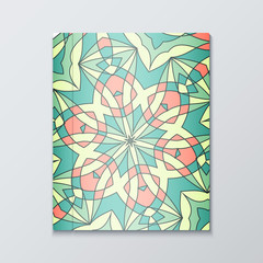 Cover for books. Bright patterned cover for books . Catalog cover of bright color . Retro cover. Mandala green color with geometric patterns .