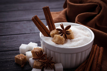 White and brown sugar and spices