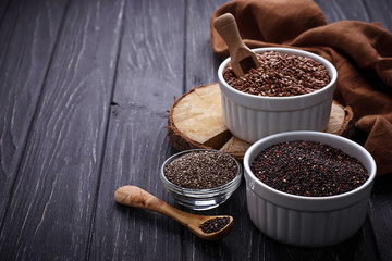 Various superfoods chia, quinoa, flax seed