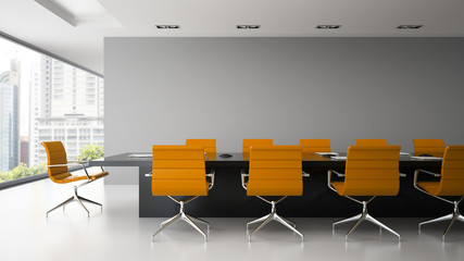 Interior of  boardroom with orange armchairs 3D rendering