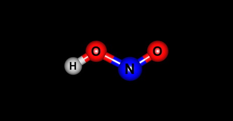 Nitrous acid molecular structure isolated on black