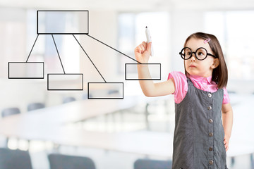 Cute little girl wearing business dress and drawing a flowchart 1. Office background.