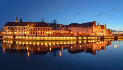 A cityscape of Wroclaw, view from Odra, after sunset. Poland.
