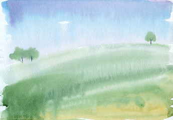 Watercolor painting. Blurred landscape with blue sky, green field and three trees.