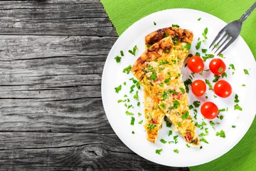 frittata with deviled eggs, ricotta, onion, tomatoes and bell peppers