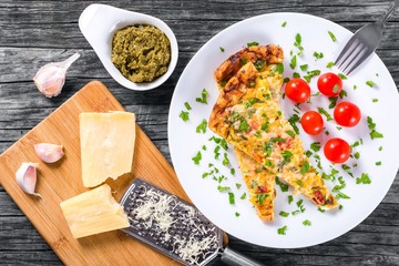 frittata with deviled eggs, ricotta, onion, tomatoes and bell peppers
