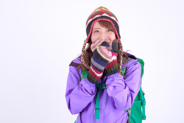 山ガール　日本人女性　白バック