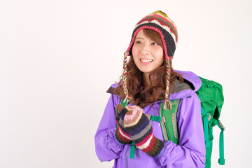 山ガール　日本人女性　白バック