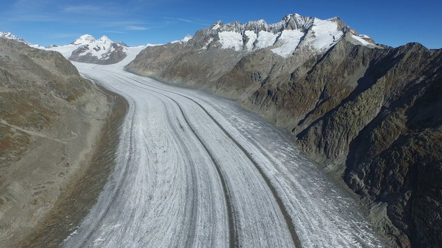 Aerial Footage of Aletsch glacier in the high alps in Switzerland, 4K, UHD