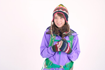 山ガール　日本人女性　白バック