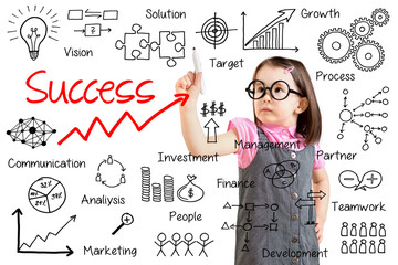Cute little girl wearing business dress and writing success by many process. White background.