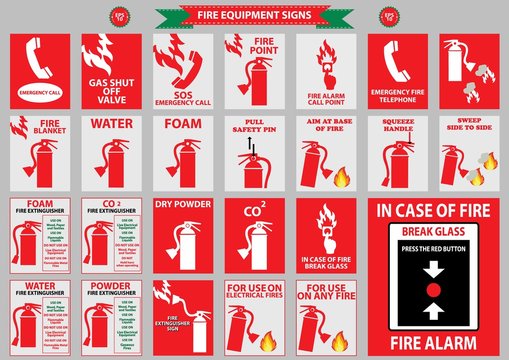 set of fire equipment signs (telephone, water, foam, co2, powder, break glass, gas, sos, emergency, alarm, fire extinguisher, flame) flat vector illustration